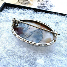 Load image into Gallery viewer, Victorian Sterling Silver Scottish Agate Brooch. Small Dendritic Quartz Scottish Pebble Lapel/Cravat Pin. Oval Moss Agate Victorian Brooch
