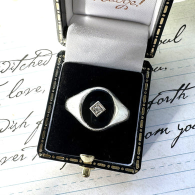 Vintage Sterling Silver, Onyx & Diamond Gents Ring. Classic Gemset Signet Style Ring. English Hallmarked Ring Size UK M-1/2, US 11.5