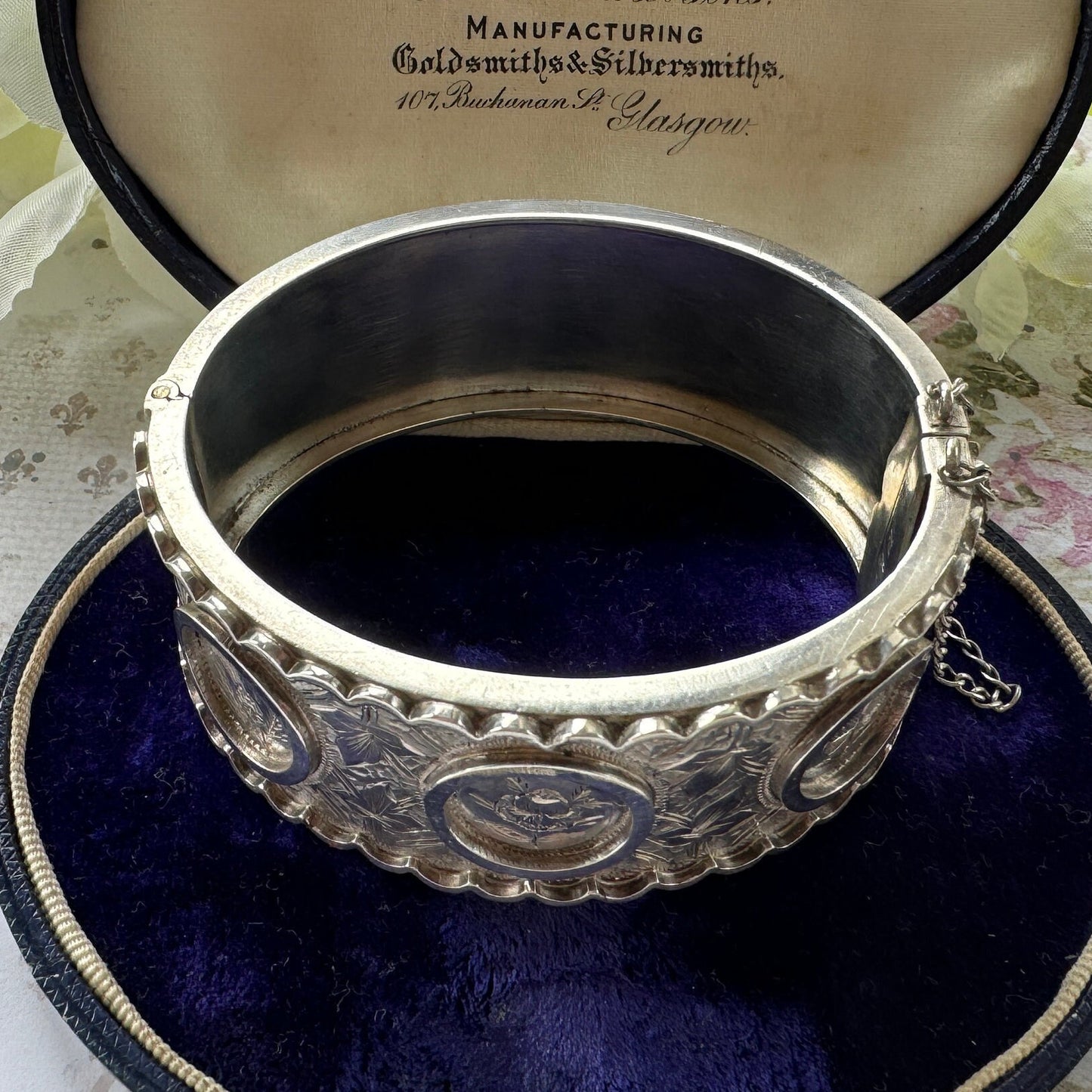 Victorian c1862 Rose, Thistle & Shamrock Silver Jubilee Bangle Bracelet. Antique Victorian Aesthetic Engraved Hinged Sterling Silver Cuff.