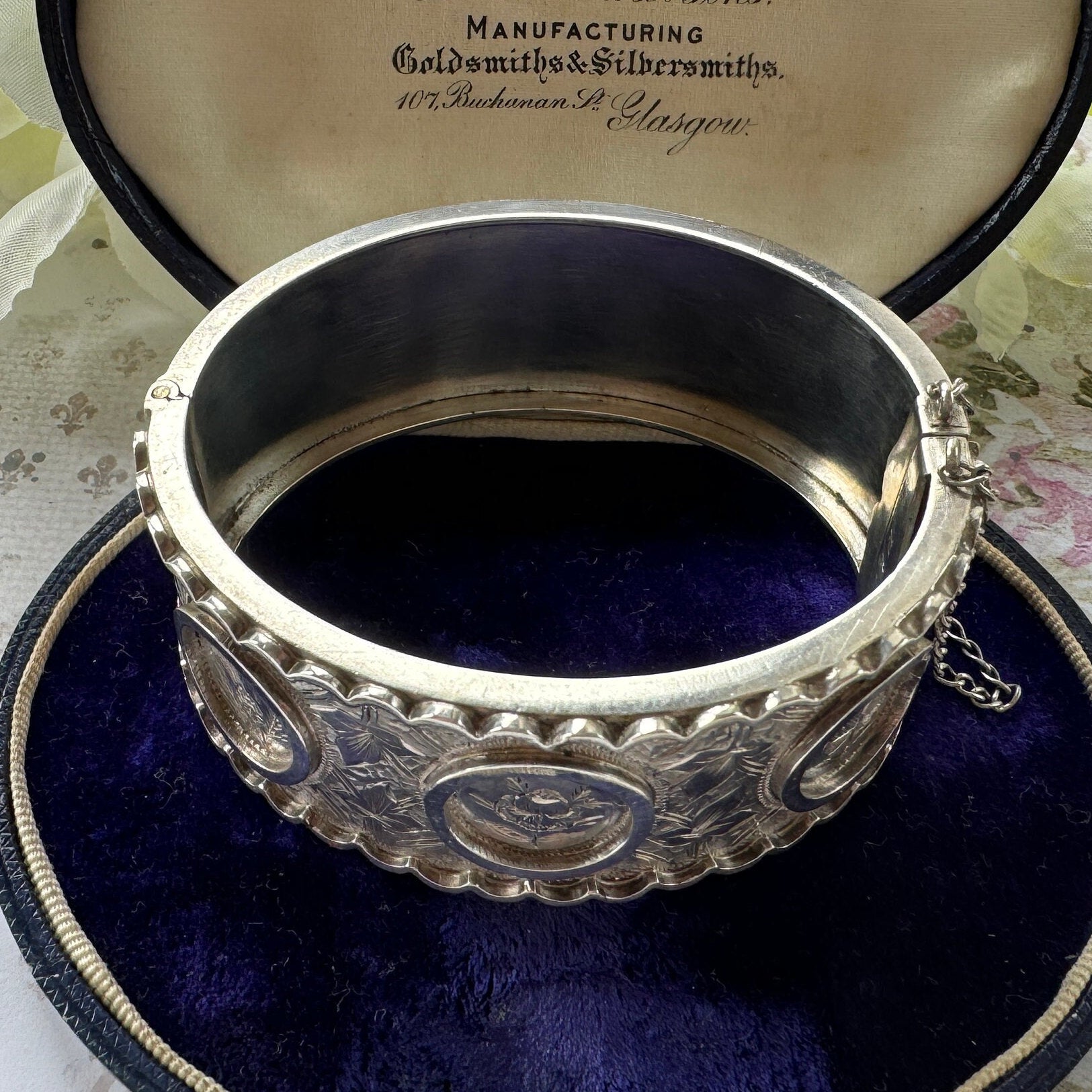 Victorian c1862 Rose, Thistle & Shamrock Silver Jubilee Bangle Bracelet. Antique Victorian Aesthetic Engraved Hinged Sterling Silver Cuff.