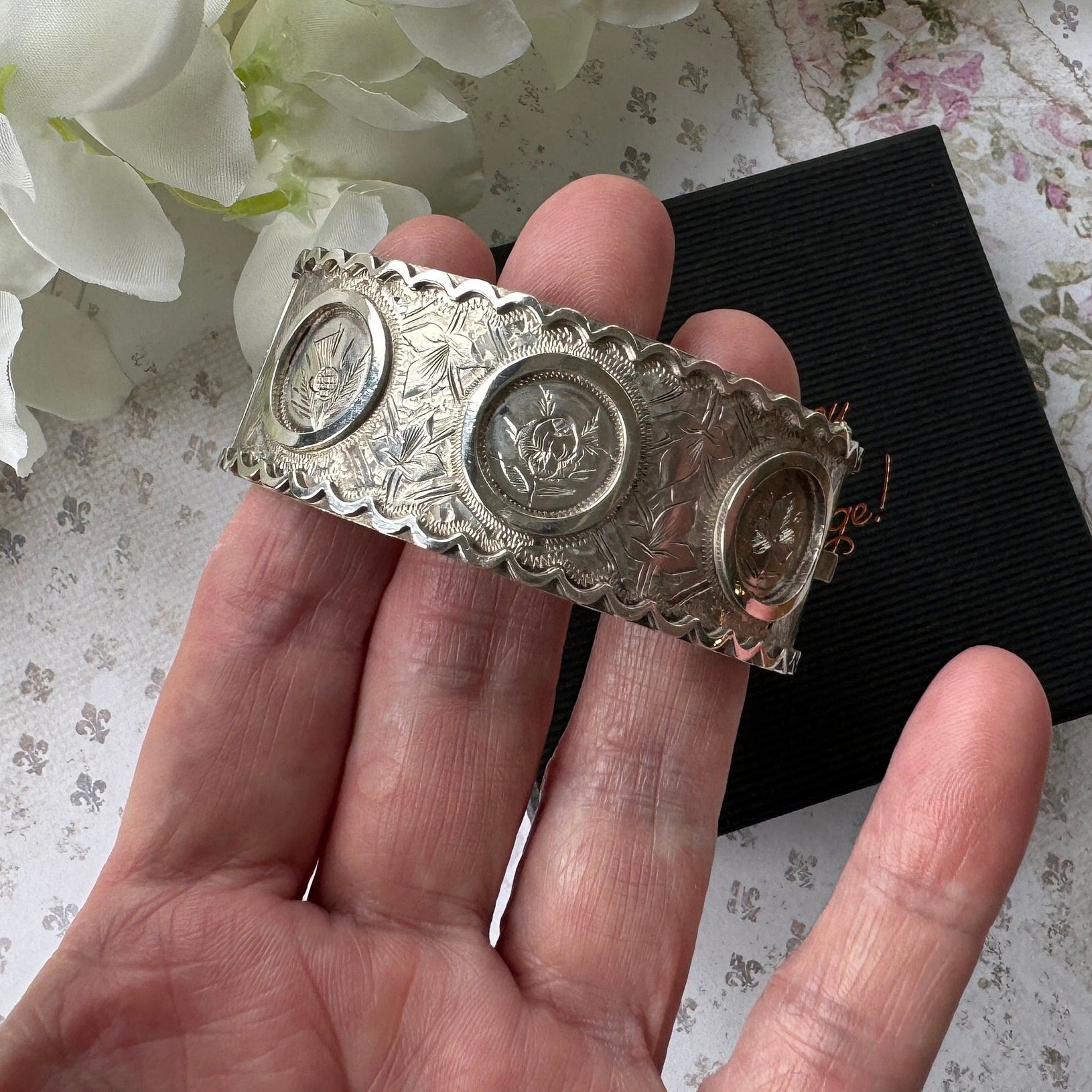 Victorian c1862 Rose, Thistle & Shamrock Silver Jubilee Bangle Bracelet. Antique Victorian Aesthetic Engraved Hinged Sterling Silver Cuff.