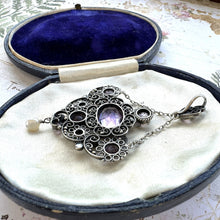 Load image into Gallery viewer, Antique Art Nouveau Silver Amethyst &amp; Pearl Drop Lavalier Pendant. Edwardian Sterling Silver Cannetille Gemstone Set Necklace Pendant
