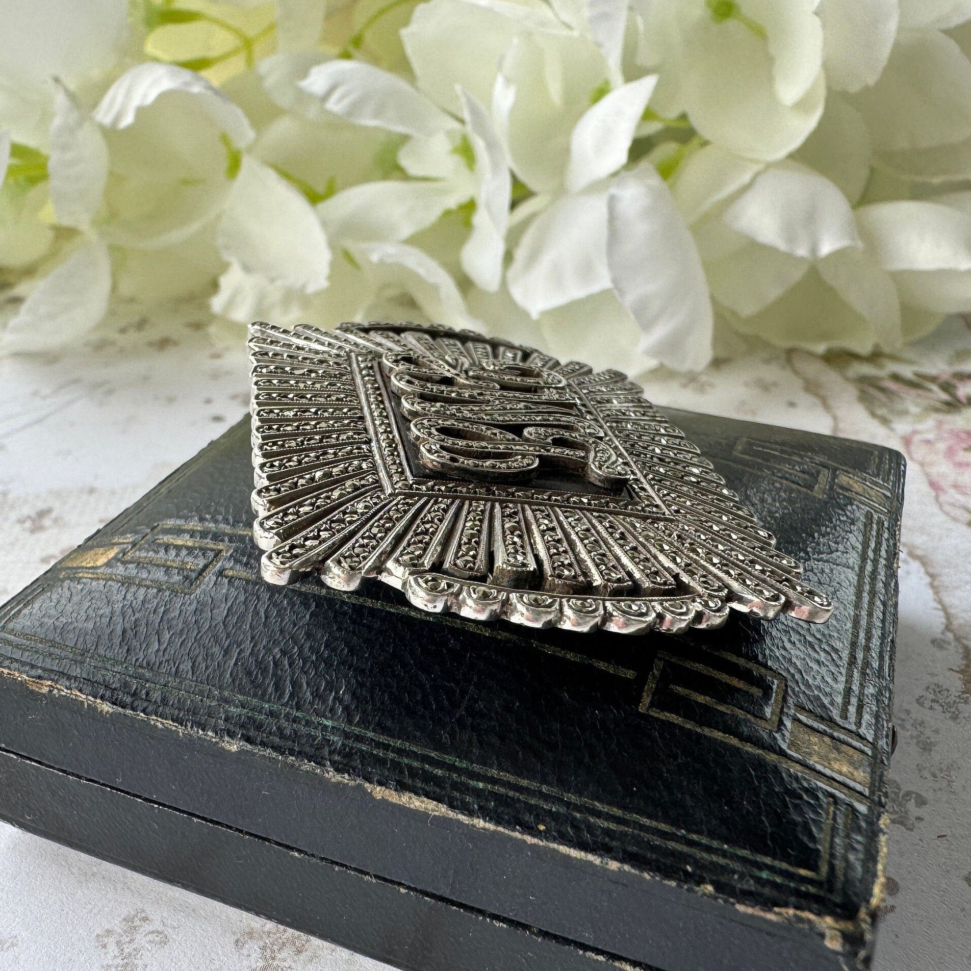 Antique Art Deco Sterling Silver Marcasite & Onyx Monogram Brooch