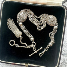 Load image into Gallery viewer, Victorian Sterling Silver Albertina Watch Chain. Antique Etruscan Revival Fancy Chain Bracelet With Love Heart Charm, T-Bar &amp; Dog-Clip
