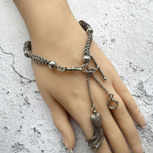 Charger l&#39;image dans la galerie, Victorian Sterling Silver Albertina Watch Chain. Antique Etruscan Revival Fancy Chain Bracelet With Love Heart Charm, T-Bar &amp; Dog-Clip

