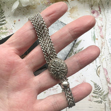 Carica l&#39;immagine nel visualizzatore di Gallery, Victorian Sterling Silver Albertina Watch Chain. Antique Etruscan Revival Fancy Chain Bracelet With Love Heart Charm, T-Bar &amp; Dog-Clip
