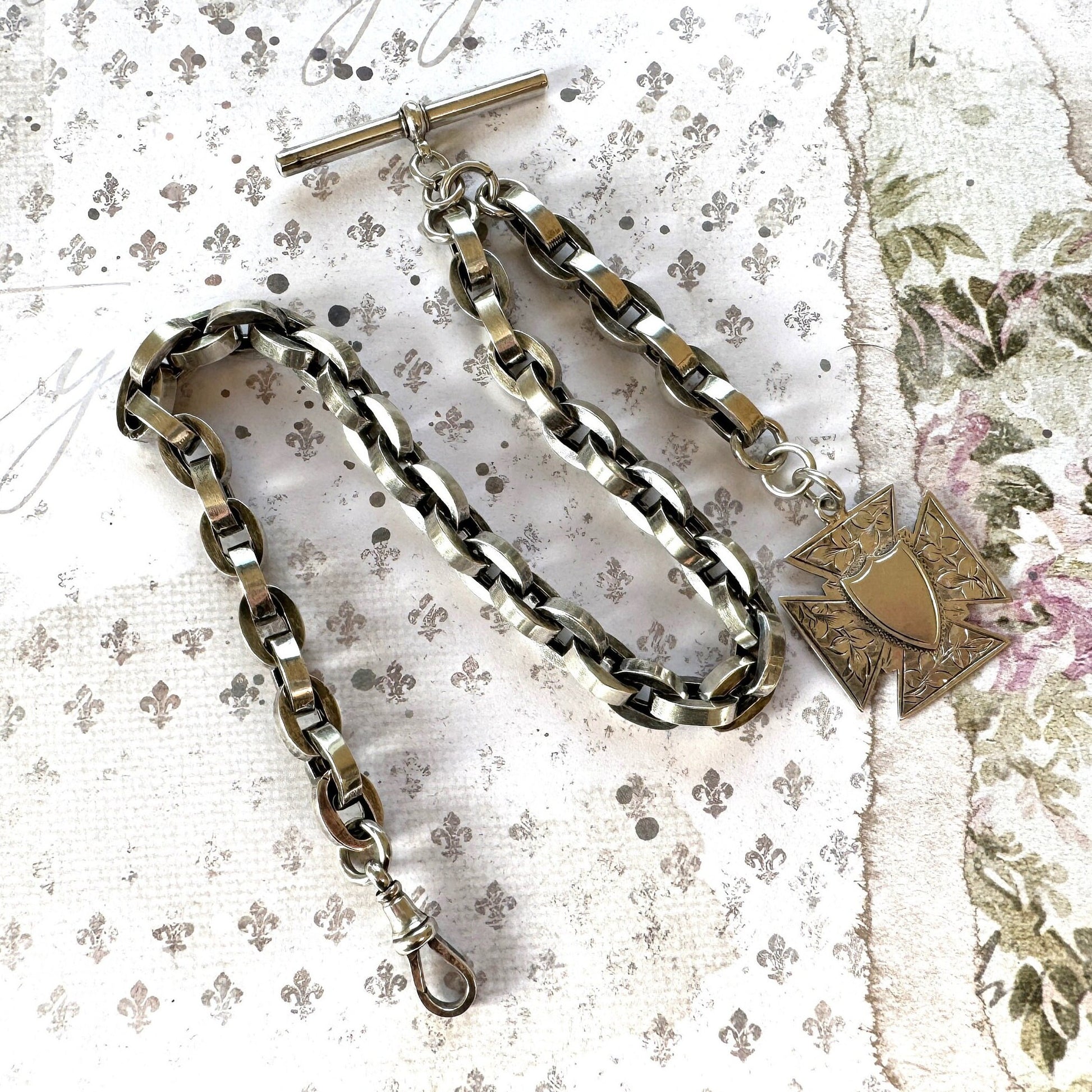 Superb Victorian 1883 Chunky Silver Albert Watch Chain With Maltese Cross Fob. Thick Sterling Silver Anchor/Navy Link Pocket Watch Chain