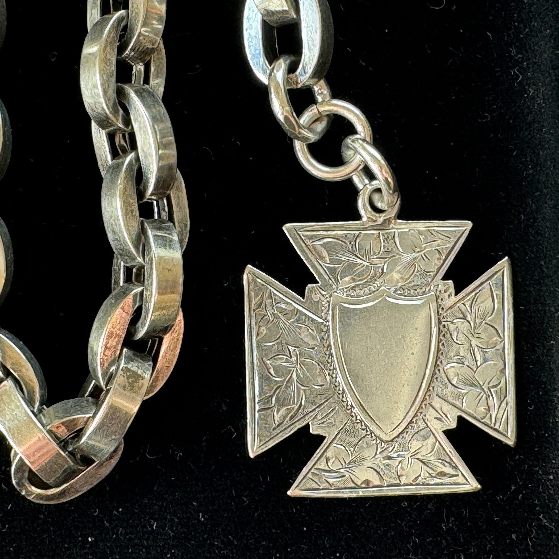 Superb Victorian 1883 Chunky Silver Albert Watch Chain With Maltese Cross Fob. Thick Sterling Silver Anchor/Navy Link Pocket Watch Chain