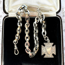 Load image into Gallery viewer, Superb Victorian 1883 Chunky Silver Albert Watch Chain With Maltese Cross Fob. Thick Sterling Silver Anchor/Navy Link Pocket Watch Chain
