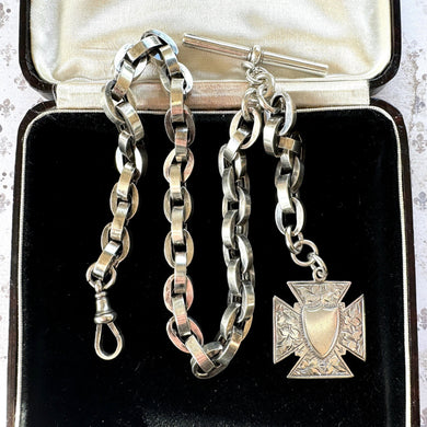 Superb Victorian 1883 Chunky Silver Albert Watch Chain With Maltese Cross Fob. Thick Sterling Silver Anchor/Navy Link Pocket Watch Chain