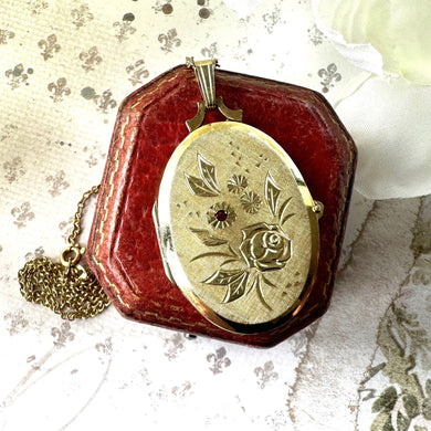 Vintage 14ct Rolled Gold Ruby Crystal Engraved Rose Locket On Original Chain. Edwardian Style Pendant Necklace. Kordes Lichtenfels, Germany