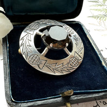 Load image into Gallery viewer, Vintage Scottish Silver &amp; Smoky Quartz Engraved Thistle Shield Brooch. Glasgow Silver Cairngorm Gemstone Round Brooch, Robert Allison 1957
