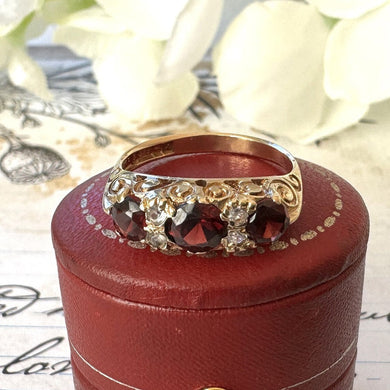 Vintage 9ct Gold Red Garnet & White Zircon Half Band Trilogy Ring. Victorian Revival Ornate Scrollwork Statement Boat Ring, Hallmarked 1972