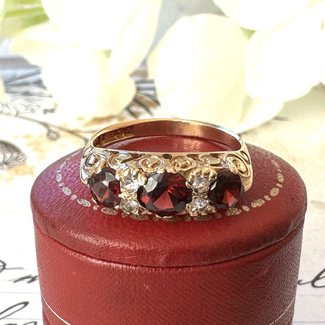 Vintage 9ct Gold Red Garnet & White Zircon Half Band Trilogy Ring. Victorian Revival Ornate Scrollwork Statement Boat Ring, Hallmarked 1972