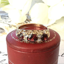 Load image into Gallery viewer, Vintage 9ct Gold Red Garnet &amp; White Zircon Half Band Trilogy Ring. Victorian Revival Ornate Scrollwork Statement Boat Ring, Hallmarked 1972
