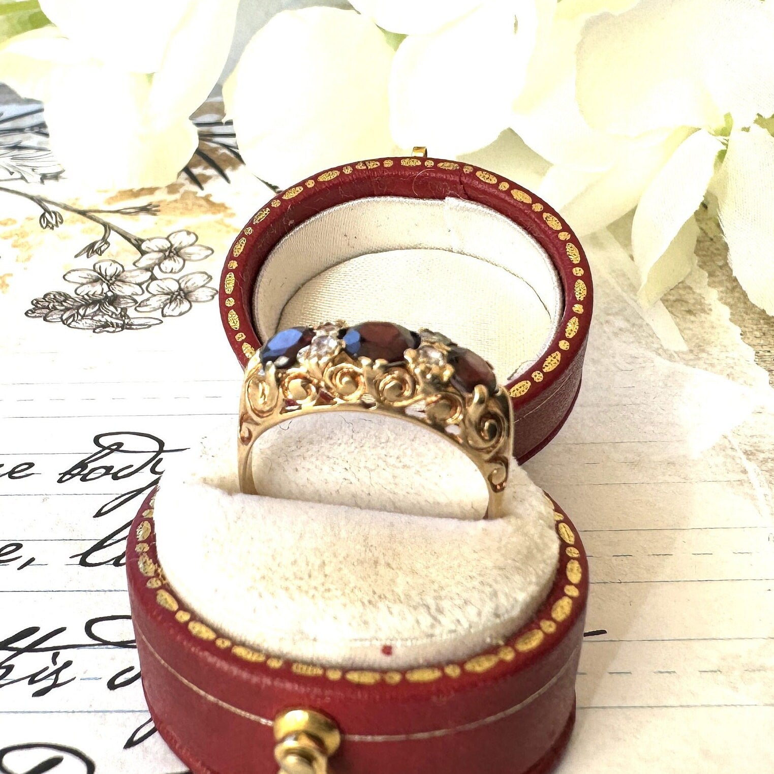 Vintage 9ct Gold Red Garnet & White Zircon Half Band Trilogy Ring. Victorian Revival Ornate Scrollwork Statement Boat Ring, Hallmarked 1972