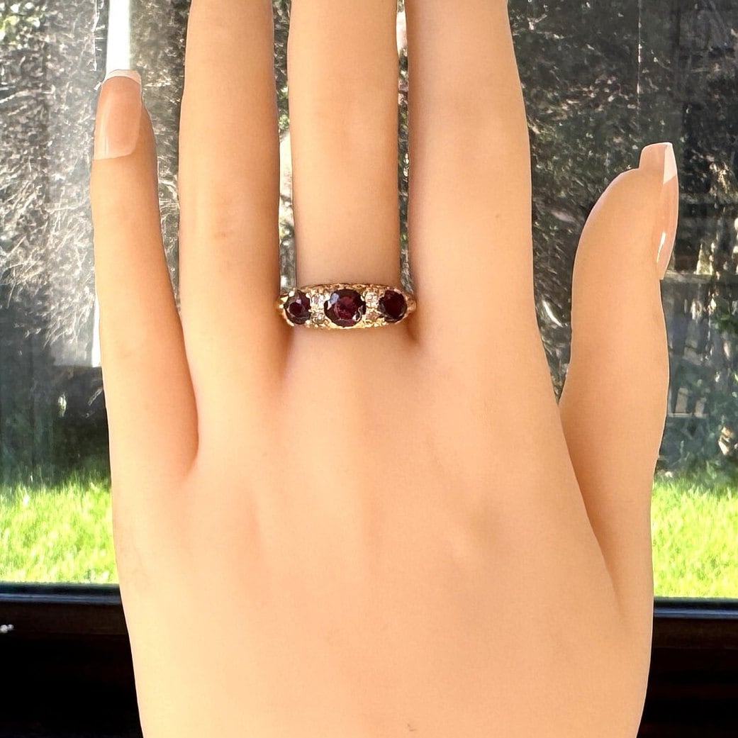 Vintage 9ct Gold Red Garnet & White Zircon Half Band Trilogy Ring. Victorian Revival Ornate Scrollwork Statement Boat Ring, Hallmarked 1972