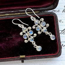 Load image into Gallery viewer, Vintage Sterling Silver Moonstone Drop Hook Earrings. Art Nouveau Style 5ct Moonstone Earrings. Gemstone Set Chandelier Drop Earrings
