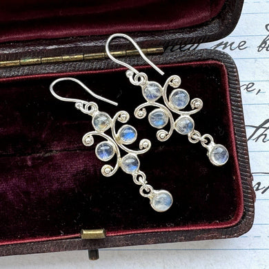 Vintage Sterling Silver Moonstone Drop Hook Earrings. Art Nouveau Style 5ct Moonstone Earrings. Gemstone Set Chandelier Drop Earrings