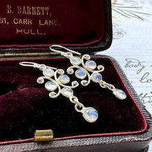 Load image into Gallery viewer, Vintage Sterling Silver Moonstone Drop Hook Earrings. Art Nouveau Style 5ct Moonstone Earrings. Gemstone Set Chandelier Drop Earrings

