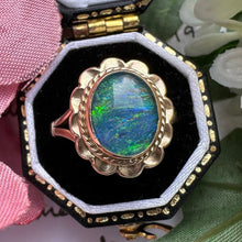 画像をギャラリービューアに読み込む, Vintage 9ct Gold 1.40ct Black Opal Solitaire Ring. Australian Opal Cabochon Ring. Yellow Gold Daisy Flower Ring, Size UK L-1/2/US 6
