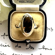 Cargar imagen en el visor de la galería, Vintage 9ct Gold Smoky Quartz Marquise Ring. 1960s Gold Cairngorm Ring. Neoclassical Step Bezel Set Oval Brown Gemstone Ring, Size N/6-3/4
