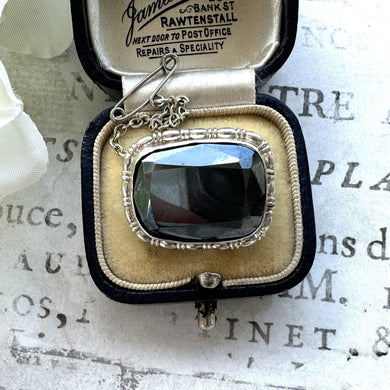 Antique Victorian Sterling Silver English Hematite Cravat Pin. Black Rectangular Faceted Gemstone Stock/Lapel Pin. Petite Antique Brooch