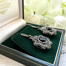 Load image into Gallery viewer, Vintage Whitby Jet Gemstone Sterling Silver Flower Earrings. Art Deco Style Silver Maracsite &amp; English Jet Daisy Drop Stud Earrings.
