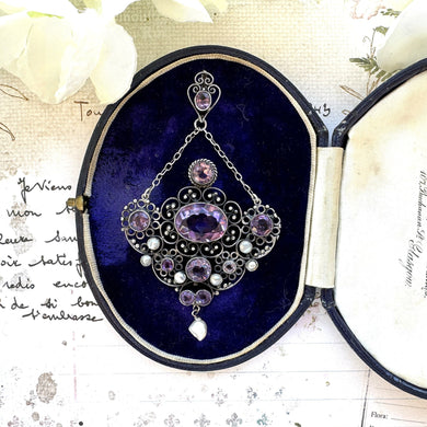 Antique Art Nouveau Silver Amethyst & Pearl Drop Lavalier Pendant. Edwardian Sterling Silver Cannetille Gemstone Set Necklace Pendant