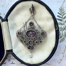 Cargar imagen en el visor de la galería, Antique Art Nouveau Silver Amethyst &amp; Pearl Drop Lavalier Pendant. Edwardian Sterling Silver Cannetille Gemstone Set Necklace Pendant
