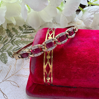 Vintage 9ct Gold Ruby & Diamond Bangle Bracelet. Solid Curb Chain Style Heavy Quality Gold Bangle. Gemstone Set Yellow Gold Hinged Bangle
