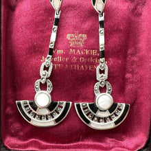 Load image into Gallery viewer, Vintage Art Deco Style Silver Onyx &amp; Pearl Fan Motif Drop Earrings. Sterling Silver Pearl Stud Articulated Long Drop Geometric Earrings
