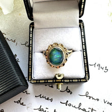 Load image into Gallery viewer, Vintage 9ct Gold 1.40ct Black Opal Solitaire Ring. Australian Opal Cabochon Ring. Yellow Gold Daisy Flower Ring, Size UK L-1/2/US 6
