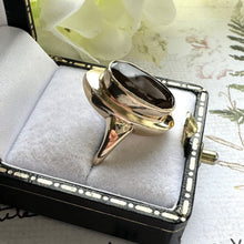 Load image into Gallery viewer, Vintage 9ct Gold Smoky Quartz Marquise Ring. 1960s Gold Cairngorm Ring. Neoclassical Step Bezel Set Oval Brown Gemstone Ring, Size N/6-3/4
