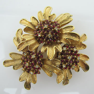 Vintage 1960s CINER Red Rhinestone Flower Brooch. - MercyMadge