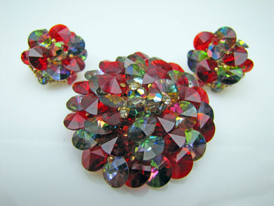 1950s Vendome Red & Grey Crystal Brooch & Earring Set. - MercyMadge