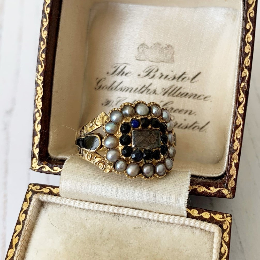 Victorian Sapphire & Pearl 18ct Gold Mourning Ring, 1851