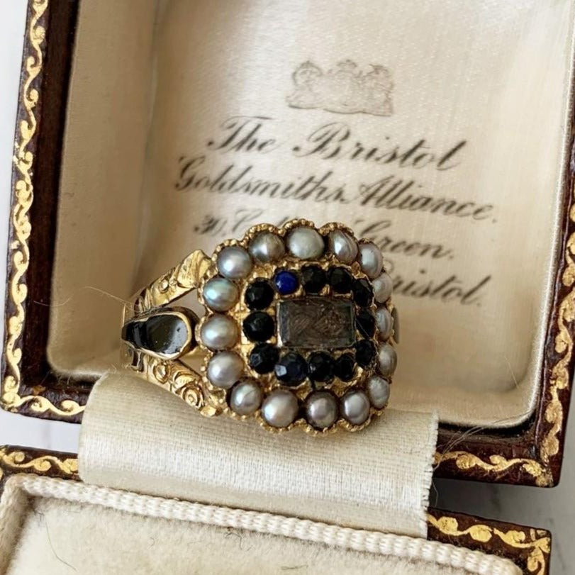 Victorian Sapphire & Pearl 18ct Gold Mourning Ring, Engraved1851