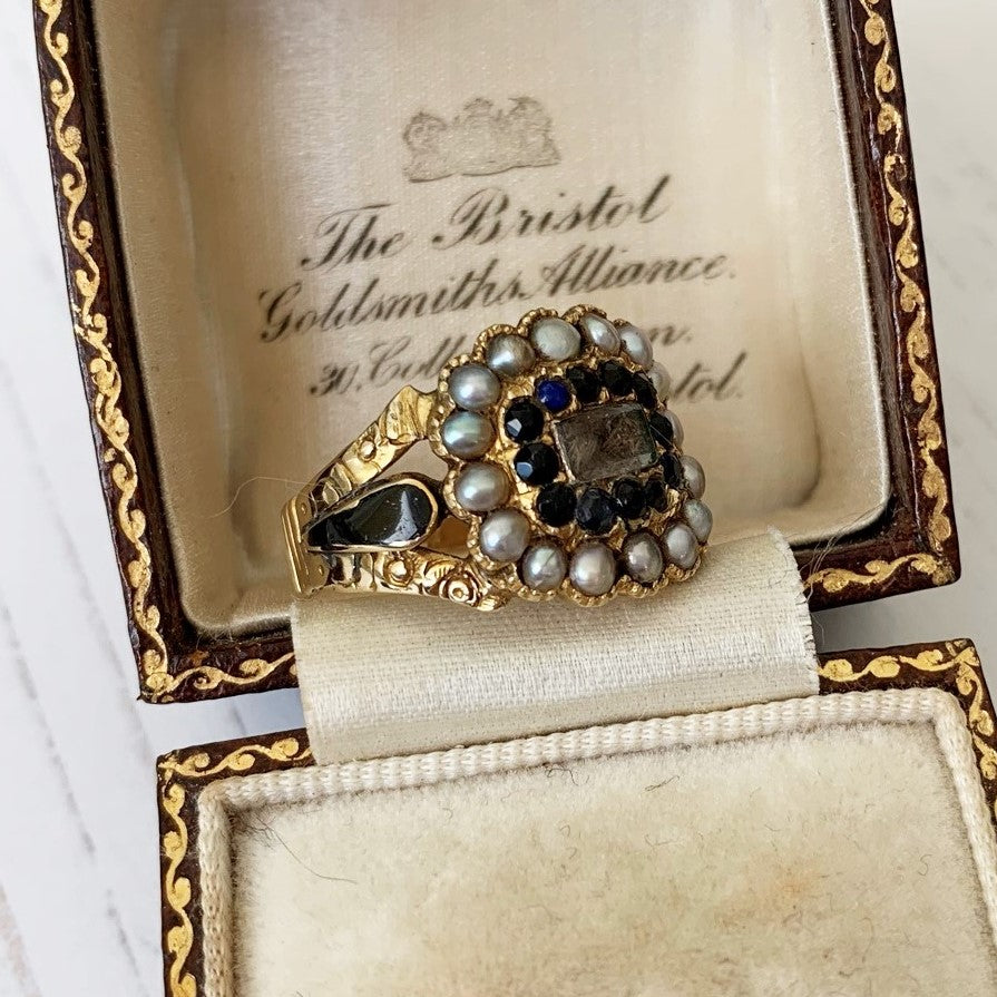 Victorian Sapphire & Pearl 18ct Gold Mourning Ring, Engraved1851