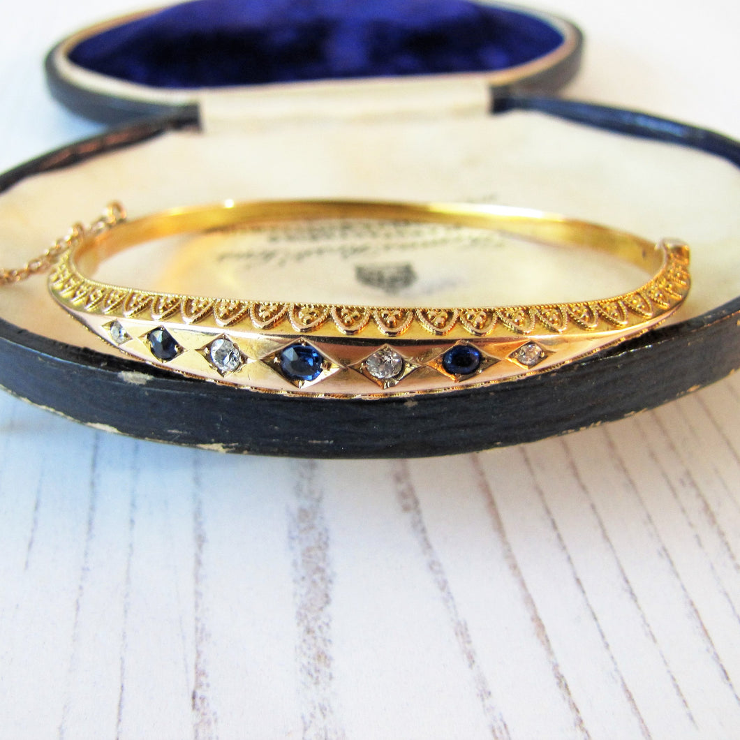 Antique Victorian 15ct Gold, Diamond and Sapphire Bangle Bracelet