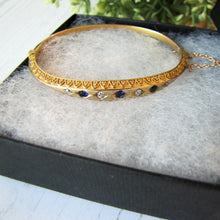 Cargar imagen en el visor de la galería, Antique Victorian 15ct Gold, Diamond and Sapphire Bangle Bracelet
